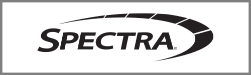 The image features a logo with the word "SPECTRA" in bold, black capital letters. Above the text is a black, curved line with segments, resembling a stylized comet or arc. The logo is enclosed in a rectangular frame with a grey border, reminiscent of signage used by CCTV dealers in Chennai.